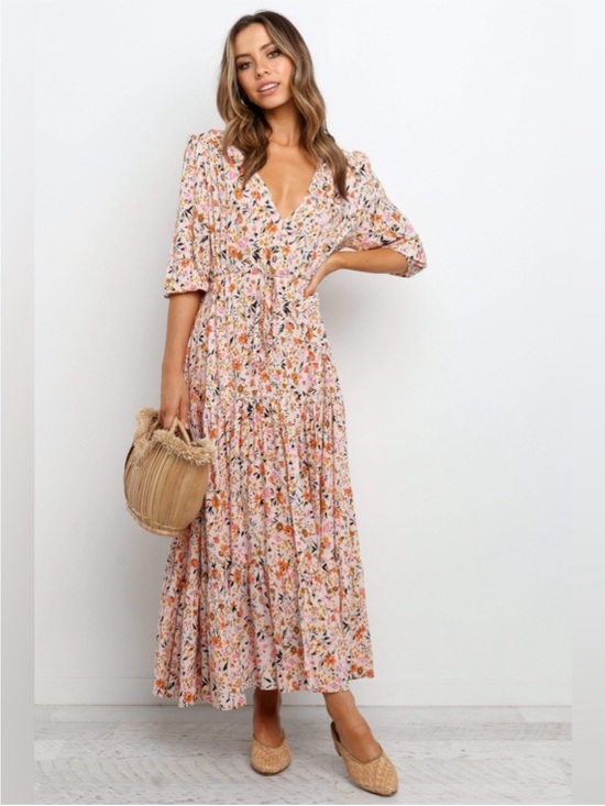 Petal & Pup Dresses & Skirts - Petal & Pup Kelda Maxi Dress Size Small Floral Beige Orange